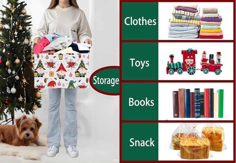 BOOHIT Large Christmas Gifts Empty Baskets Kids Collapsible Holiday Storage Bin with Handle (Gnome Red Flower) - Image 4